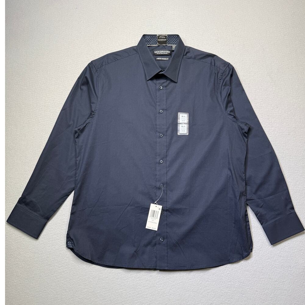 Nick Graham Men's Slim Fit Solid Dress Shirt, Navy 17-17.5 34-35 $75